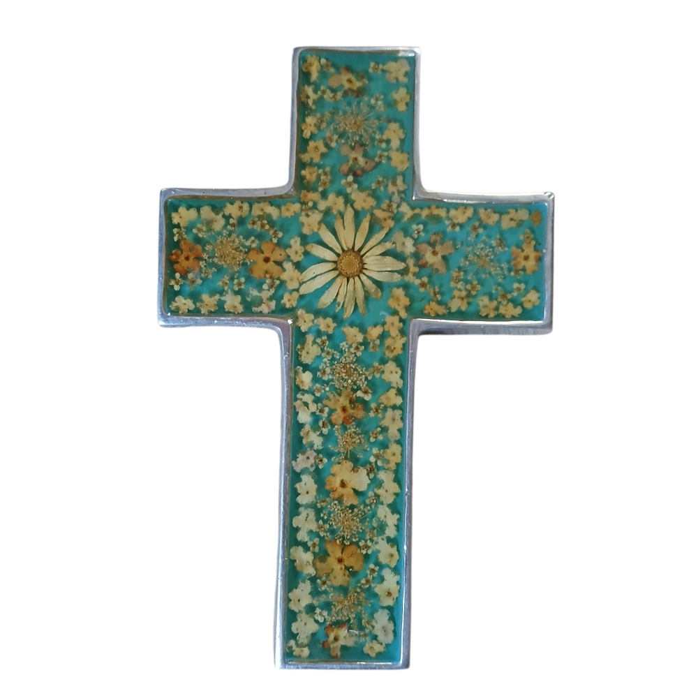 Hand Crafted Mexican Folk Cross Wall Decor Resin Real Dried Flowers Pewter Base